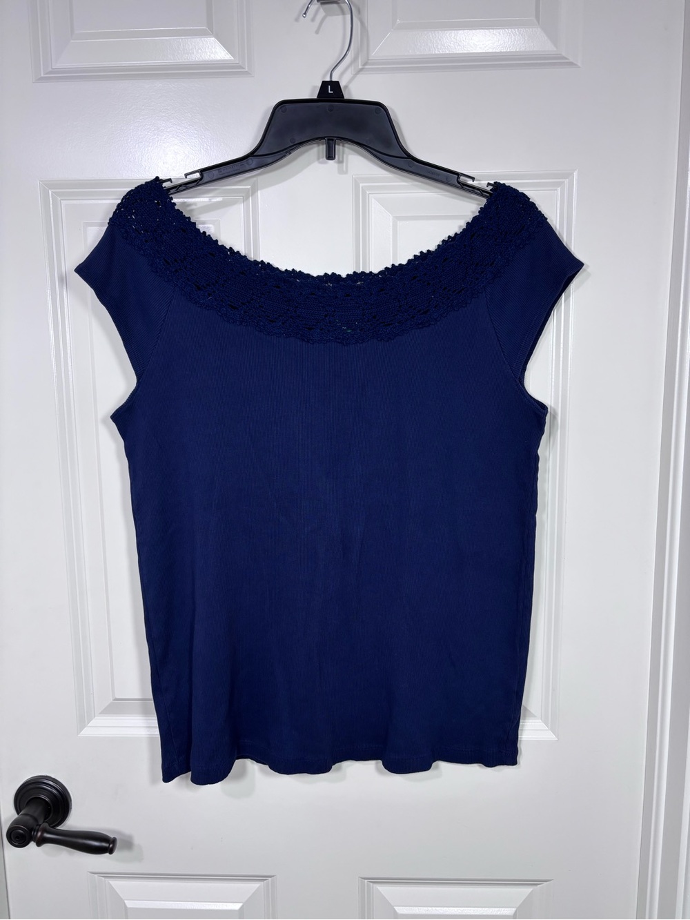 Lauren Ralph Lauren Embroidered Neckline Blouse Women’s 2X Navy Stretch